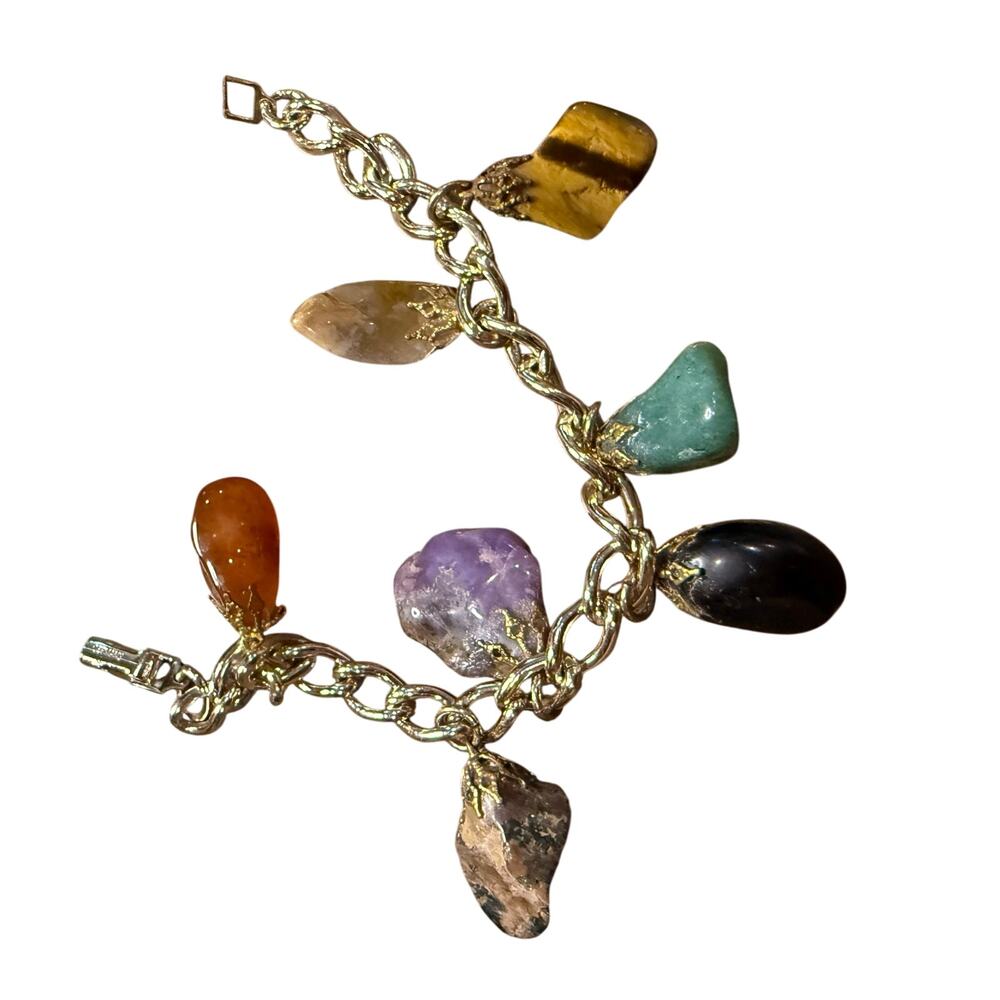 Tiger’s Eye Quartz Amethyst Dangle Pebble 7" Charms Vintage Bracelet Germany